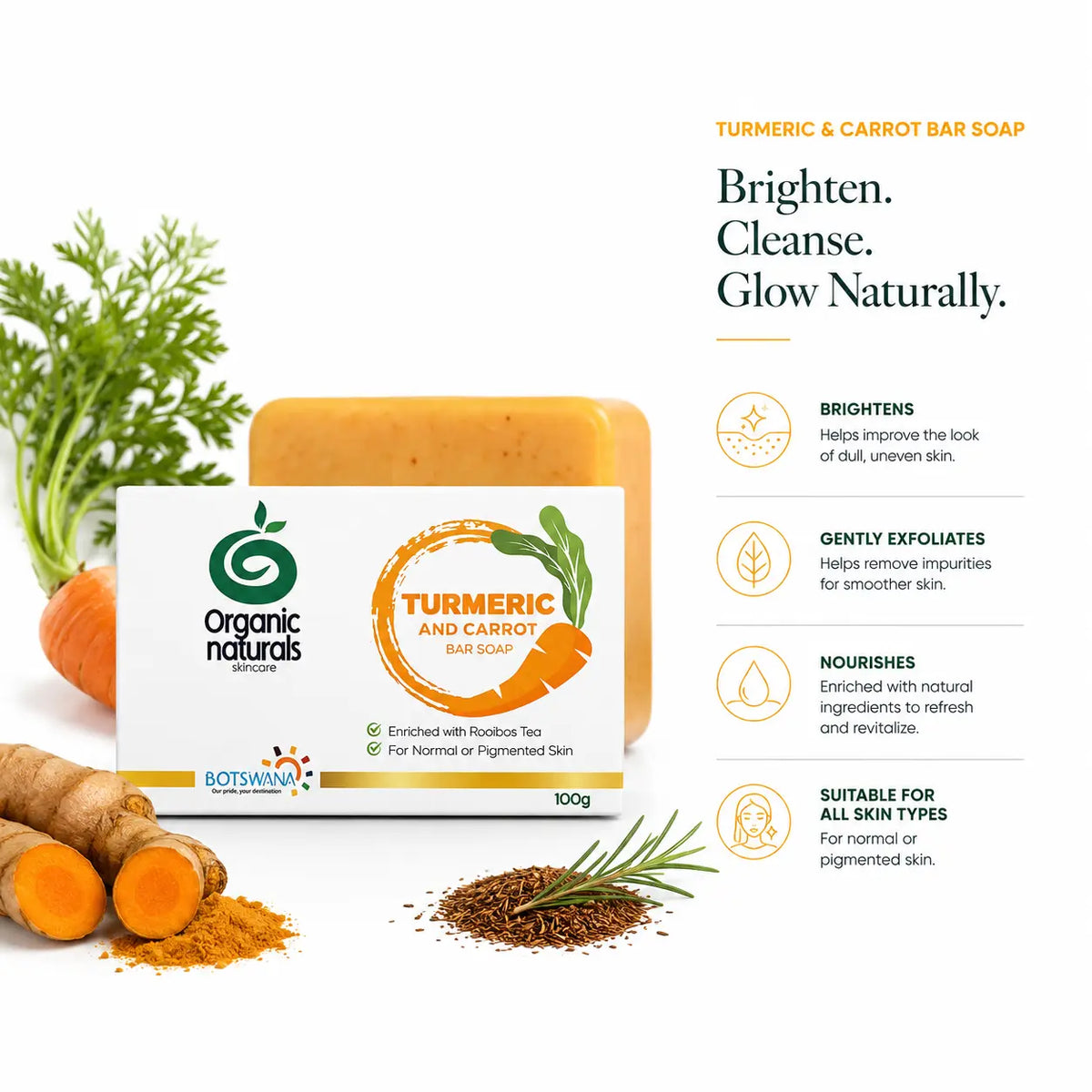 Organic Naturals Turmeric & Carrot Bar Soap packaging with turmeric roots and a carrot on a white background.